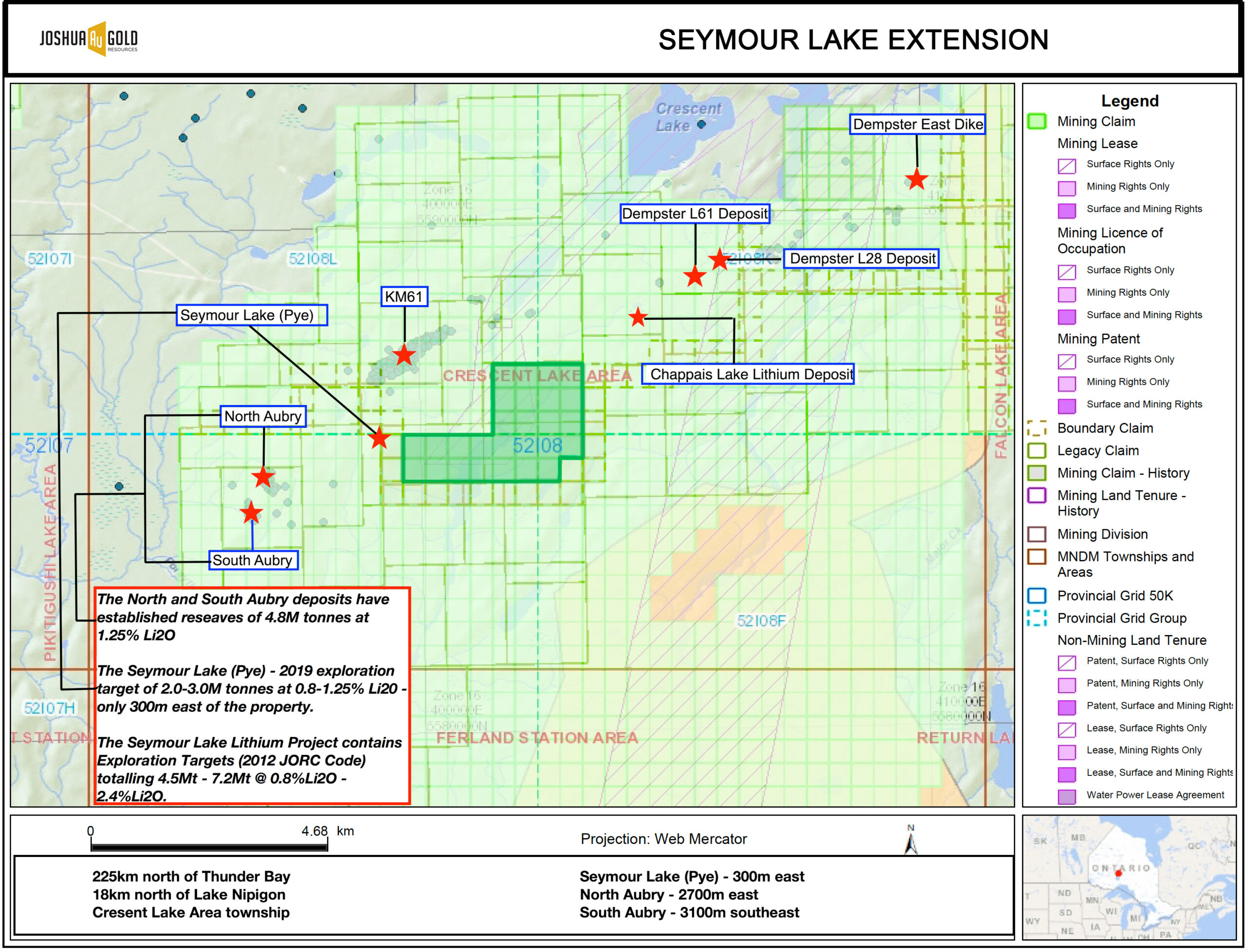 Joshua Gold Resources - Press Release - Findings from Joshua Gold Resources Lithium Prospect Property - Seymour Lake Extension Property Map