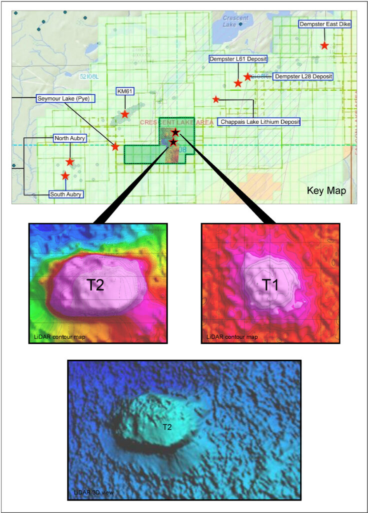 Seymour Lake Extension map showing two indications of possible pegmatite outcrops revealed by the drone-enabled LiDAR survey