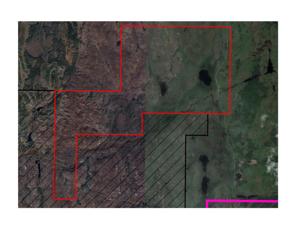 Overhead view of Lithium Two mining claims indicated by a red bounding box